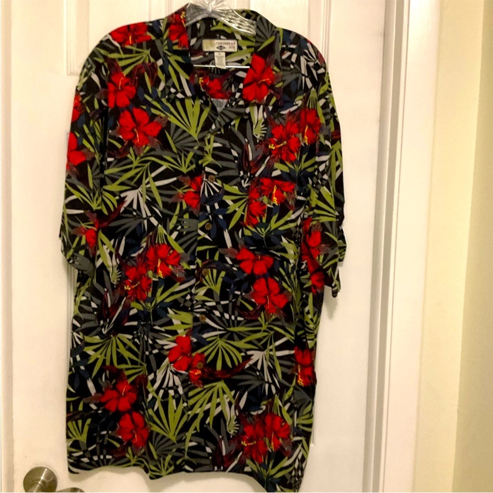 Caribbean Joe Men's Black W/ Floral Print Button Hawaiian Shirt‎ Size XL